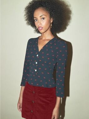 Rouje Paris Black Cherry-Print V-Neck Button Peplum Blouse